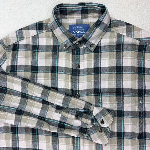 Brown + Blue Plaid Flannel Shirt Button Down Long Sleeve Vancl Camp Fall 175 96A - Picture 1 of 12